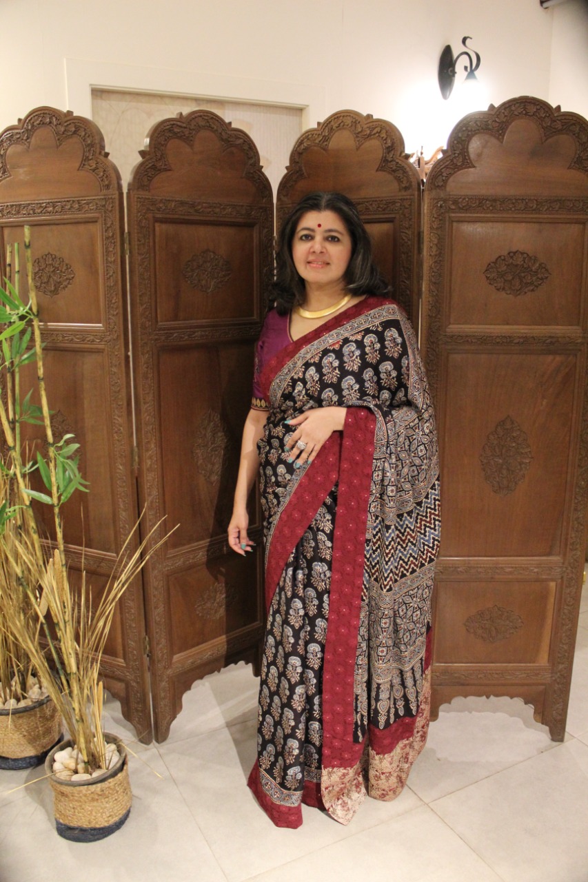 Grey silk ajrakh printed saree - G3-WSA54245 | G3fashion.com